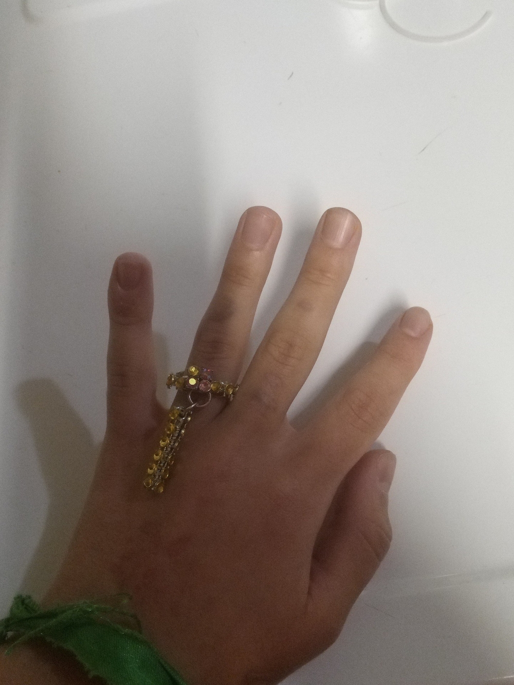 Gold-Tone Yellow Dangle Ring with Chain Accent